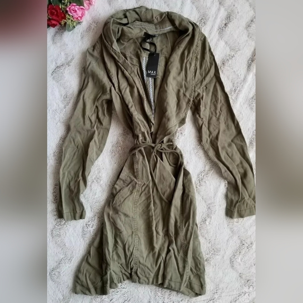 Max Studio Martini Olive Green Long Tie Waist Open Utility Jacket NWT Size M